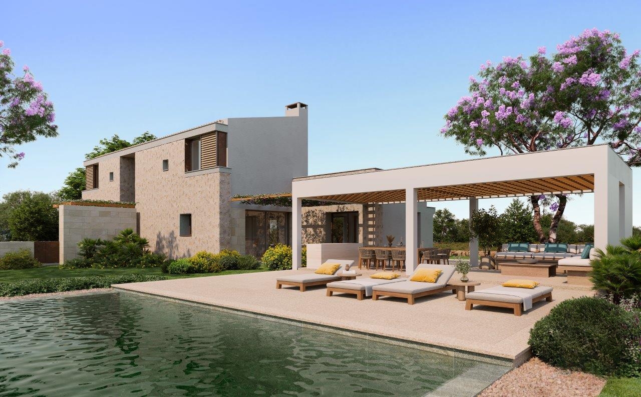 Visualisierung der Finca Son Gorem I mit Salz-Infinitypool und Pergola-Terrasse