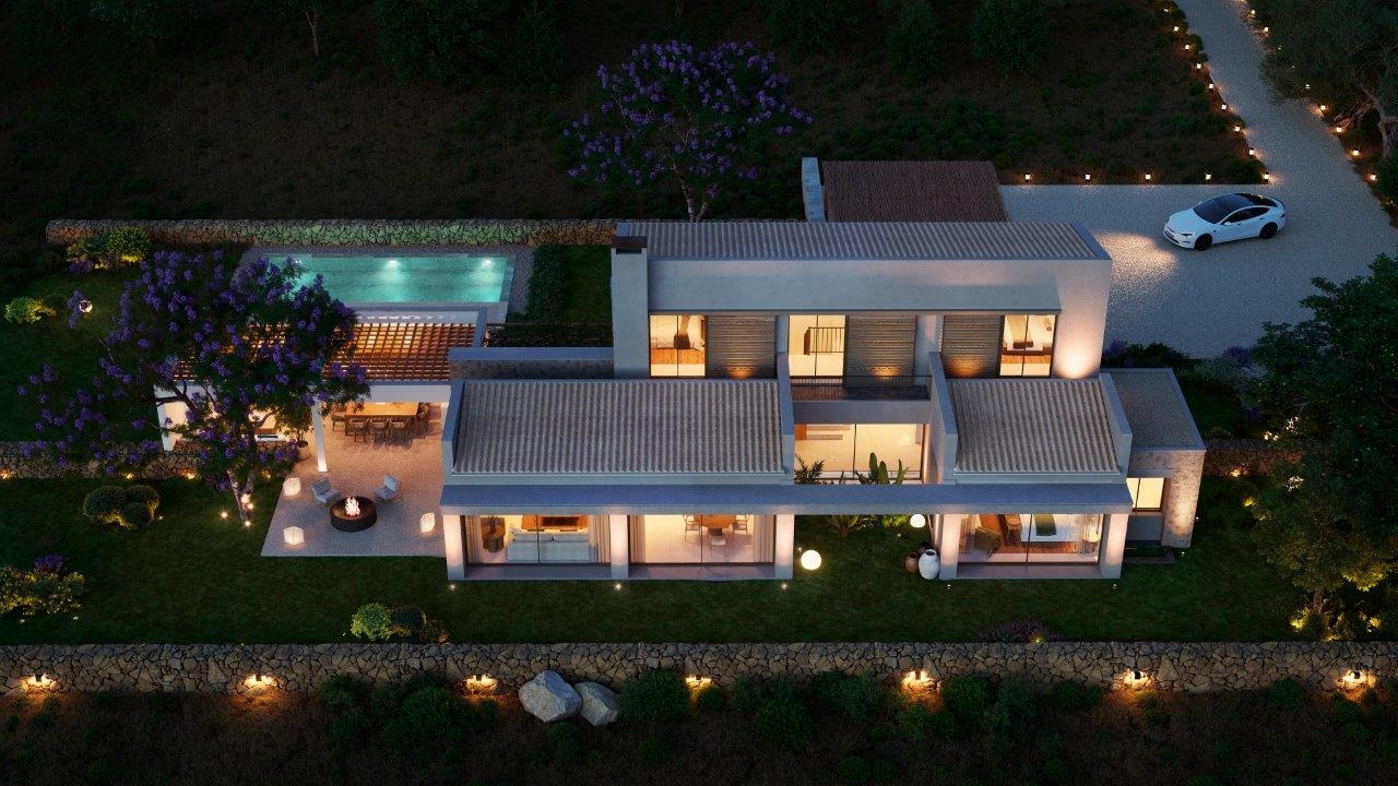 Visualisierung: die Finca aus der Luft in der Abenddämmerung